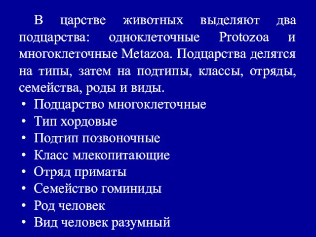 В царстве животных выделяют два подцарства: одноклеточные Protozoa и многоклеточные