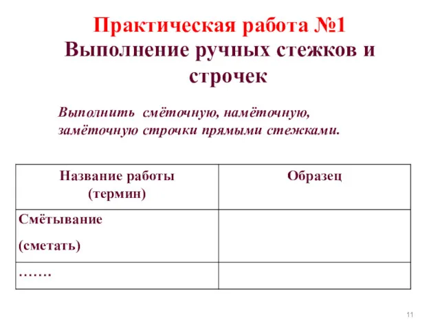 Практическая работа №1 Выполнение ручных стежков и строчек Выполнить смёточную, намёточную, замёточную строчки прямыми стежками.