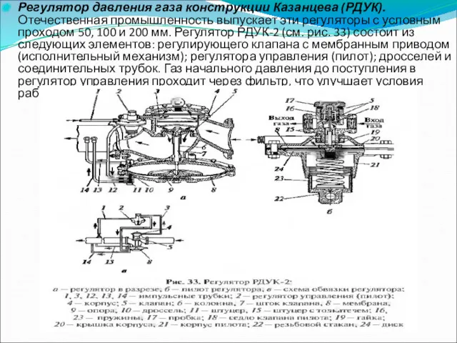 Регулятор давления газа конструкции Казанцева (РДУК). Отечественная промышленность выпускает эти