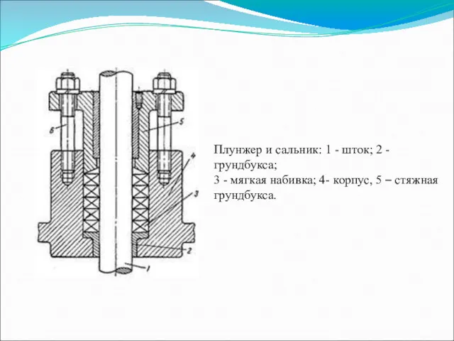 Плунжер и сальник: 1 - шток; 2 - грундбукса; 3