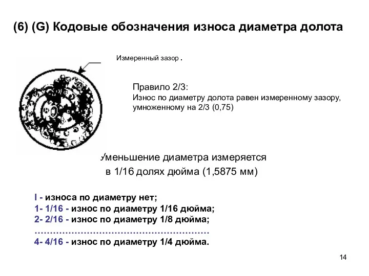 (6) (G) Кодовые обозначения износа диаметра долота . Уменьшение диаметра