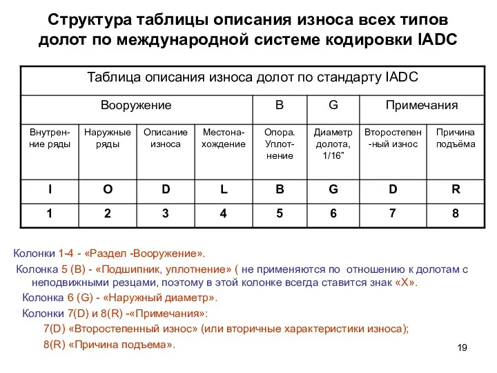 Структура таблицы описания износа всех типов долот по международной системе