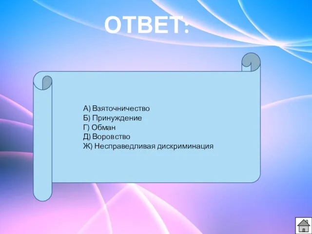 ОТВЕТ: А) Взяточничество Б) Принуждение Г) Обман Д) Воровство Ж) Несправедливая дискриминация