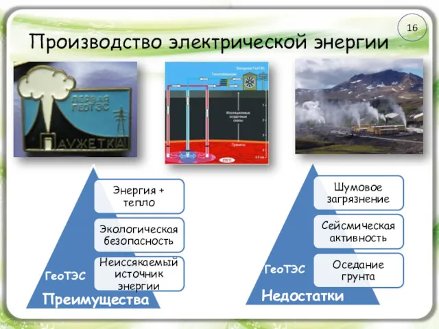 Производство электрической энергии ГеоТЭС Преимущества ГеоТЭС Недостатки 16