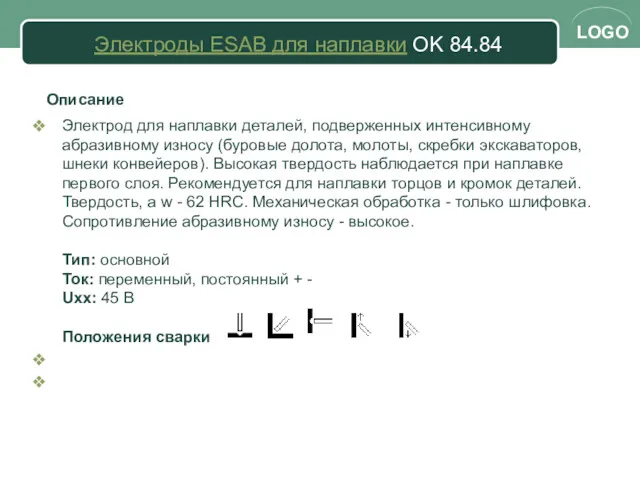 Электроды ESAB для наплавки OK 84.84 Описание Электрод для наплавки