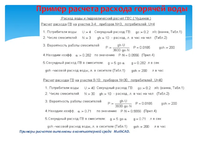 Примеры расчетов выполнены в компьютерной среде MathCAD. Пример расчета расхода горячей воды
