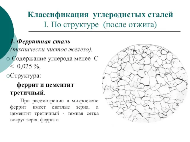 Классификация углеродистых сталей I. По структуре (после отжига) 1. Ферритная