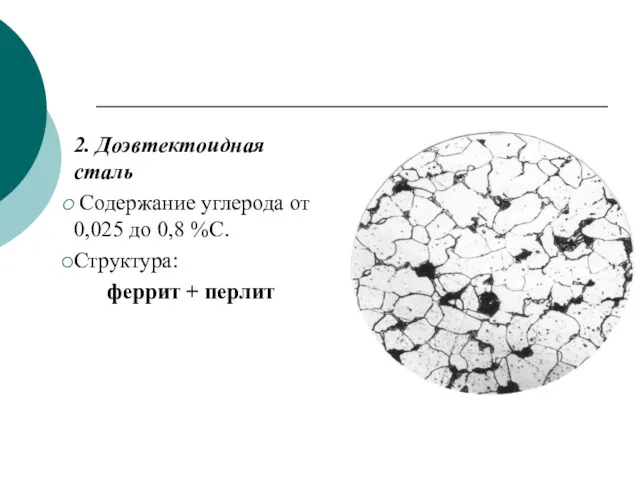 2. Доэвтектоидная сталь Содержание углерода от 0,025 до 0,8 %С. Структура: феррит + перлит