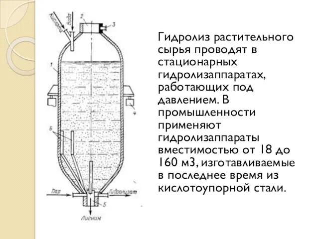 Гидролиз растительного сырья проводят в стационарных гидролизаппаратах, работающих под давлением.