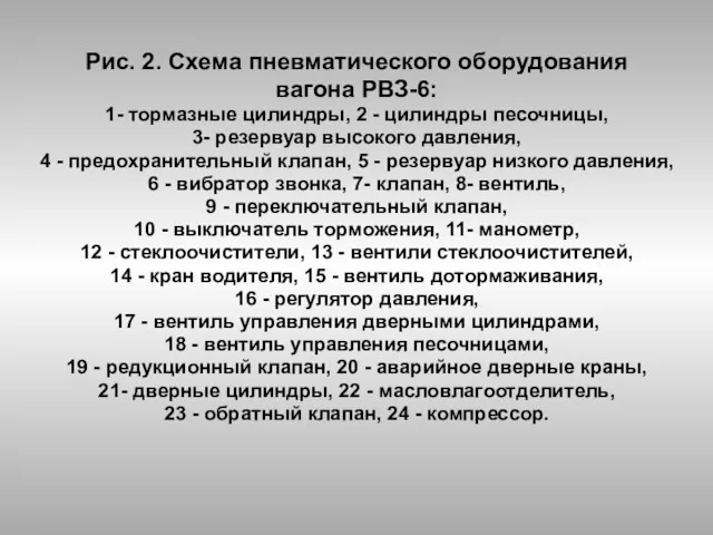 Рис. 2. Схема пневматического оборудования вагона РВЗ-6: 1- тормазные цилиндры,