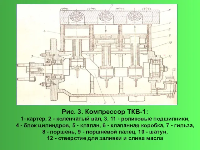 Рис. 3. Компрессор ТКВ-1: 1- картер, 2 - коленчатый вал,