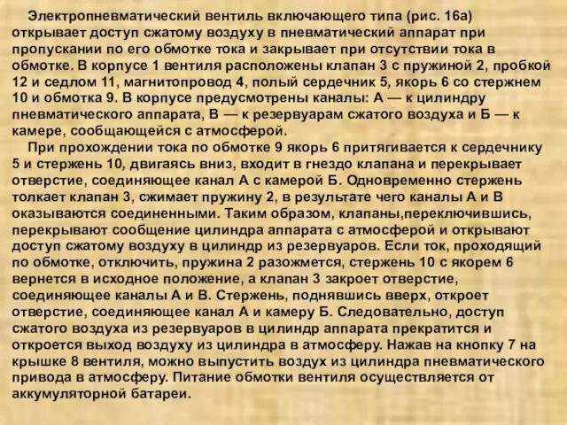 Электропневматический вентиль включающего типа (рис. 16а) открывает доступ сжатому воздуху