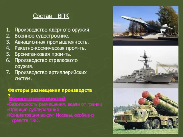 Состав ВПК Производство ядерного оружия. Военное судостроение. Авиационная промышленность. Ракетно-космическая