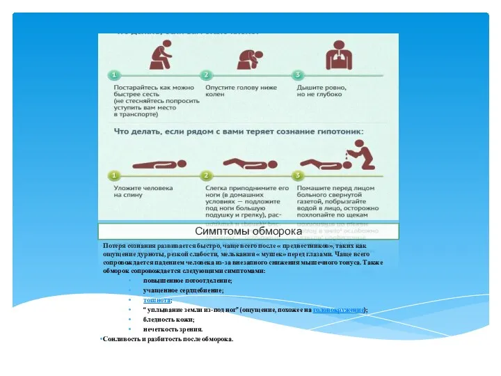 Симптомы обморока Потеря сознания развивается быстро, чаще всего после «