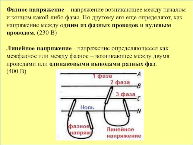 Фазное напряжение – напряжение возникающее между началом и концом какой-либо