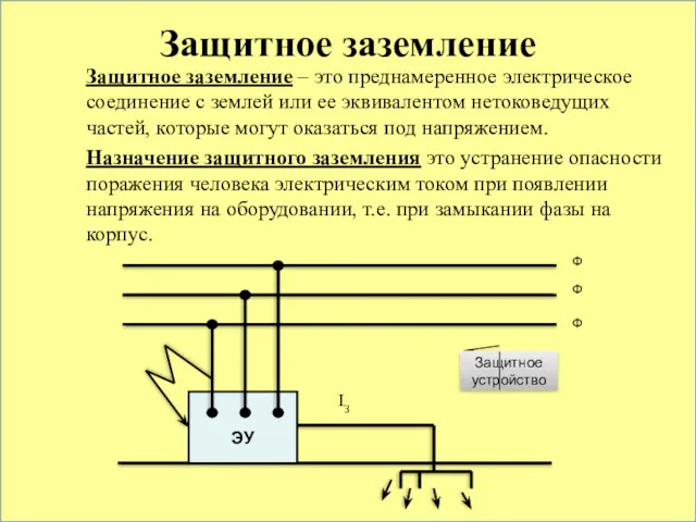 Защитное заземление Защитное заземление – это преднамеренное электрическое соединение с