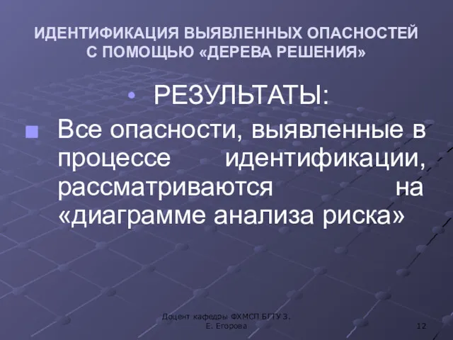 ИДЕНТИФИКАЦИЯ ВЫЯВЛЕННЫХ ОПАСНОСТЕЙ С ПОМОЩЬЮ «ДЕРЕВА РЕШЕНИЯ» РЕЗУЛЬТАТЫ: Все опасности,