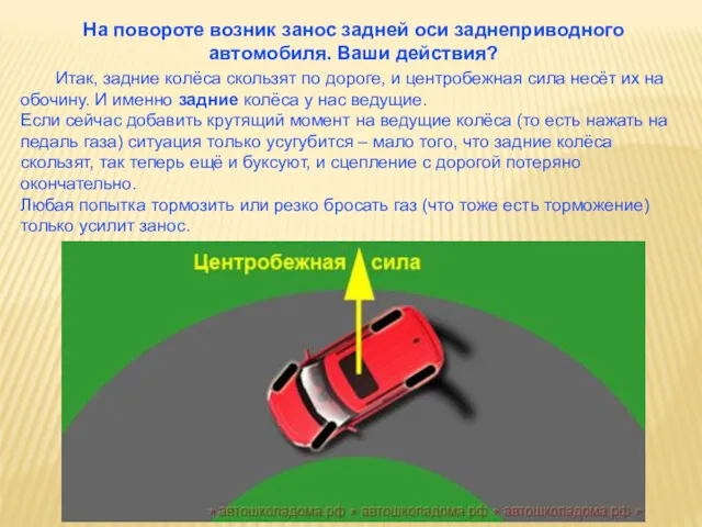 На повороте возник занос задней оси заднеприводного автомобиля. Ваши действия?