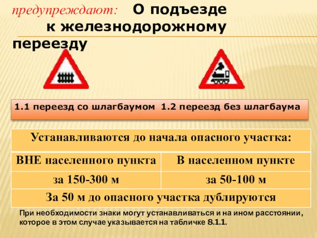 предупреждают: О подъезде к железнодорожному переезду 1.1 переезд со шлагбаумом