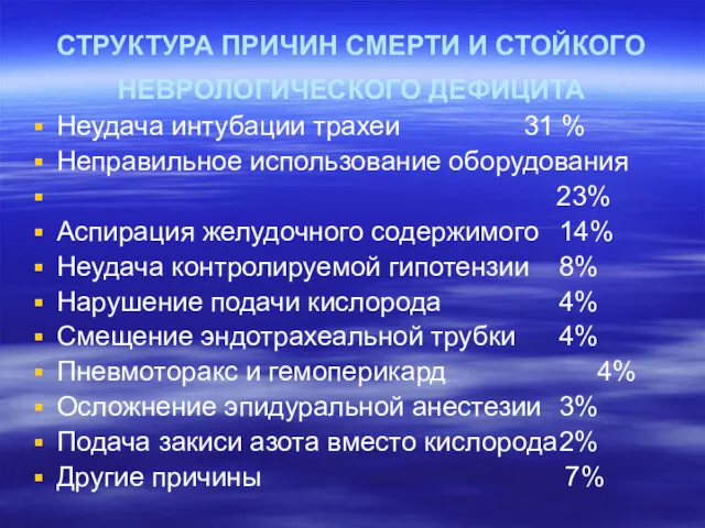 СТРУКТУРА ПРИЧИН СМЕРТИ И СТОЙКОГО НЕВРОЛОГИЧЕСКОГО ДЕФИЦИТА Неудача интубации трахеи 31 % Неправильное