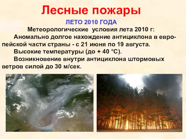 Лесные пожары ЛЕТО 2010 ГОДА Метеорологические условия лета 2010 г: