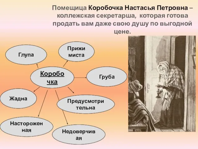 Помещица Коробочка Настасья Петровна – коллежская секретарша, которая готова продать