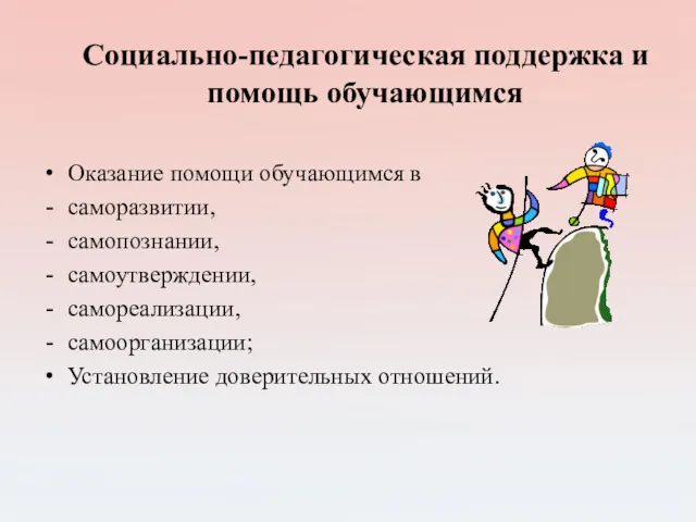 Социально-педагогическая поддержка и помощь обучающимся Оказание помощи обучающимся в саморазвитии,