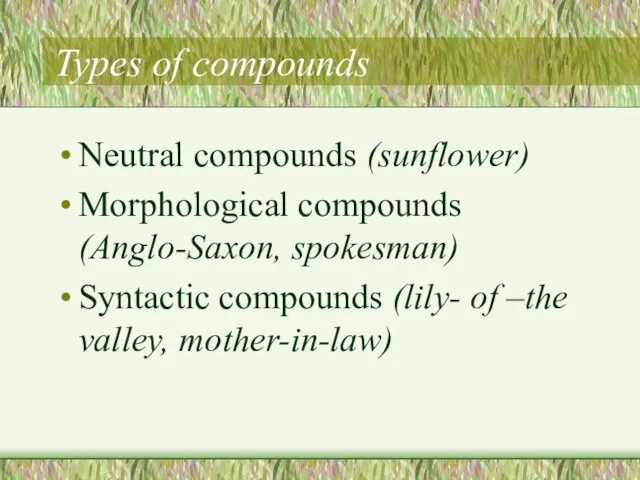 Types of compounds Neutral compounds (sunflower) Morphological compounds (Anglo-Saxon, spokesman)