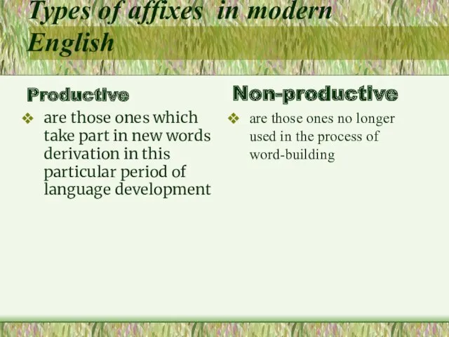 Types of affixes in modern English Productive are those ones