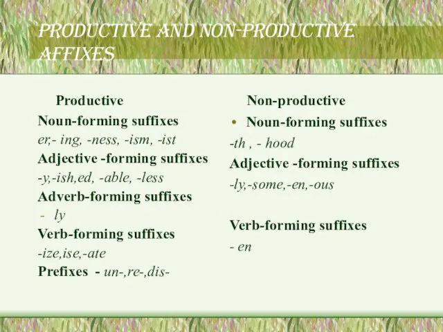 Productive and non-productive affixes Productive Noun-forming suffixes er,- ing, -ness,