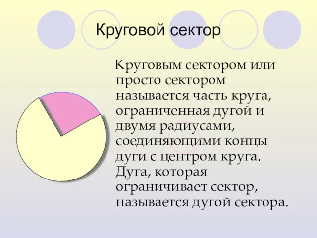 Круговой сектор Круговым сектором или просто сектором называется часть круга,