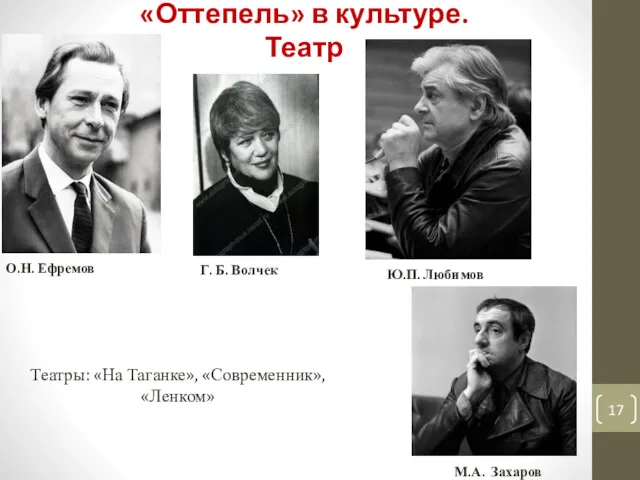 «Оттепель» в культуре. Театр М.А. Захаров О.Н. Ефремов Театры: «На