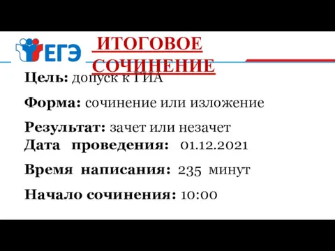 Цель: допуск к ГИА Форма: сочинение или изложение Результат: зачет