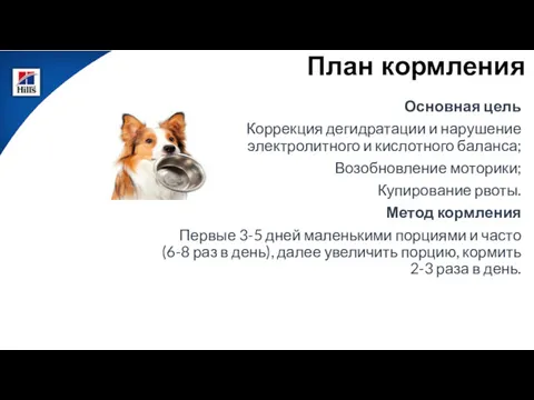 План кормления Основная цель Коррекция дегидратации и нарушение электролитного и кислотного баланса; Возобновление