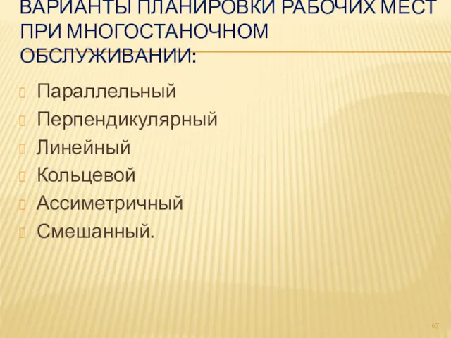 ВАРИАНТЫ ПЛАНИРОВКИ РАБОЧИХ МЕСТ ПРИ МНОГОСТАНОЧНОМ ОБСЛУЖИВАНИИ: Параллельный Перпендикулярный Линейный Кольцевой Ассиметричный Смешанный.