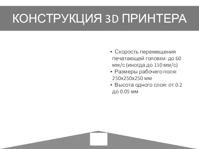 КОНСТРУКЦИЯ 3D ПРИНТЕРА Скорость перемещения печатающей головки: до 60 мм/с