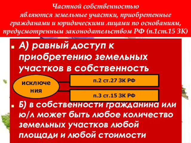 Частной собственностью являются земельные участки, приобретенные гражданами и юридическими лицами