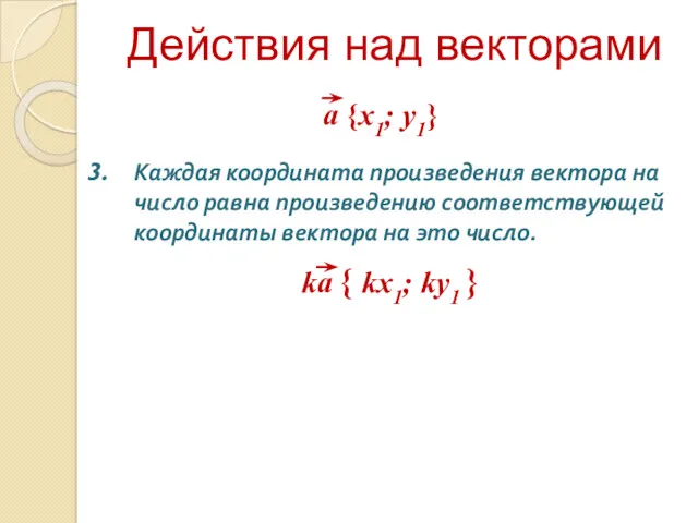 Действия над векторами Каждая координата произведения вектора на число равна