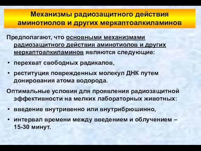 Механизмы радиозащитного действия аминотиолов и других меркаптоалкиламинов Предполагают, что основными