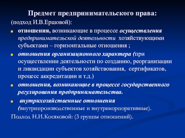 Предмет предпринимательского права: (подход И.В.Ершовой): отношения, возникающие в процессе осуществления