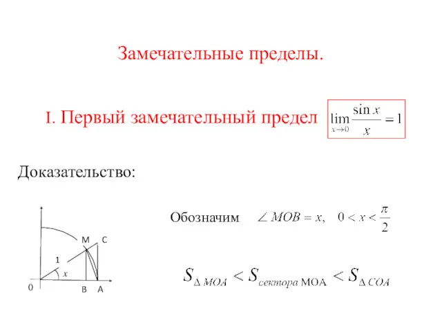 Замечательные пределы. Доказательство: I. Первый замечательный предел C M A B 1 x 0 Обозначим