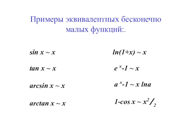 Примеры эквивалентных бесконечно малых функций:. sin x ~ x arctan x ~ x