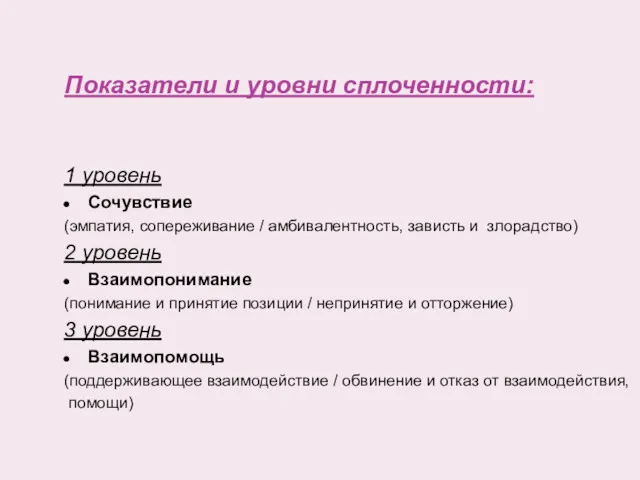 Показатели и уровни сплоченности: 1 уровень Сочувствие (эмпатия, сопереживание /