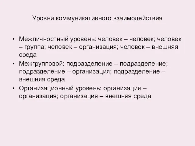 Уровни коммуникативного взаимодействия Межличностный уровень: человек – человек; человек –