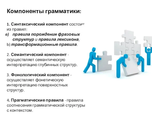 Компоненты грамматики: 1. Синтаксический компонент состоит из правил: правила порождения