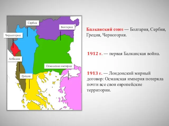 1912 г. — первая Балканская война. Балканский союз — Болгария, Сербия, Греция, Черногория.
