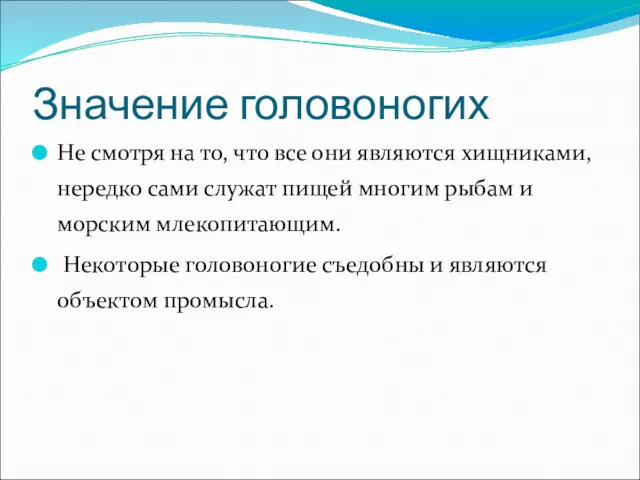 Значение головоногих Не смотря на то, что все они являются хищниками, нередко сами