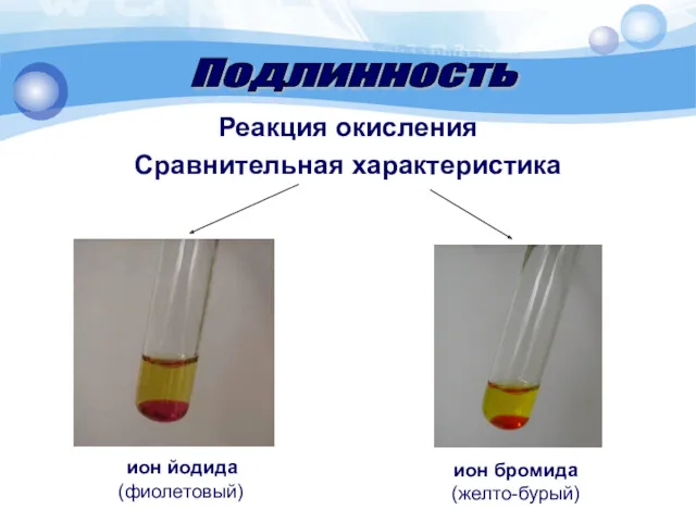 Реакция окисления Сравнительная характеристика ион йодида (фиолетовый) ион бромида (желто-бурый) Подлинность