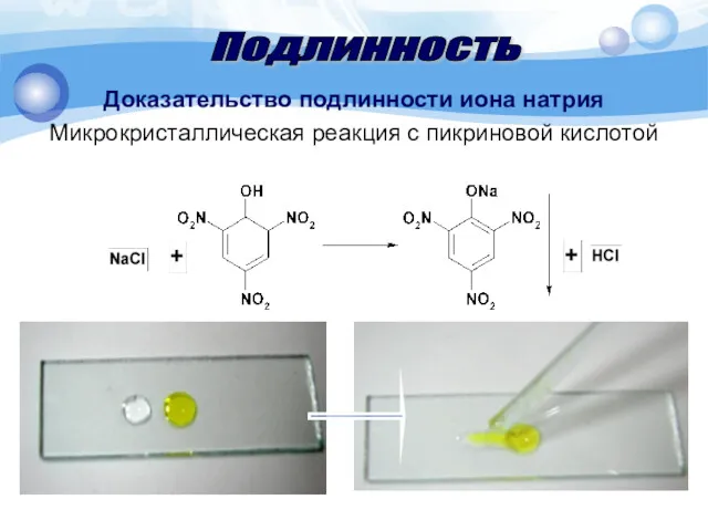 Доказательство подлинности иона натрия Микрокристаллическая реакция с пикриновой кислотой Подлинность