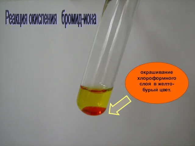 Реакция окисления бромид-иона окрашивание хлороформного слоя в желто-бурый цвет.